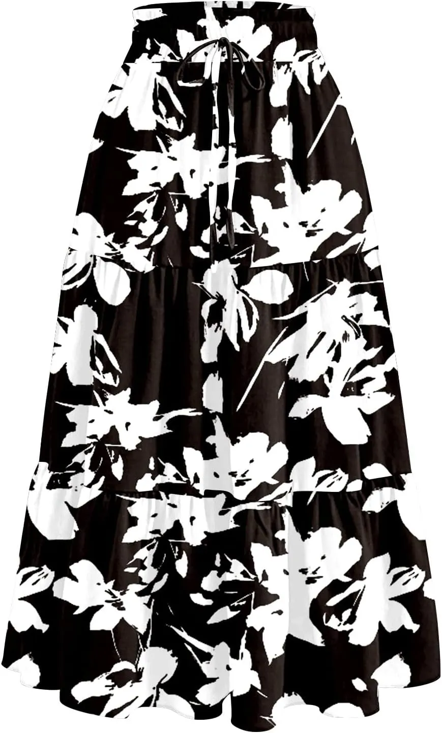 Women's Long Elastic High Waist Retro Pleated A-Line Flared Maxi Skirts