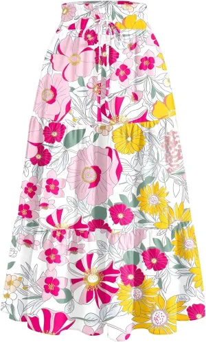 Women's Long Elastic High Waist Retro Pleated A-Line Flared Maxi Skirts