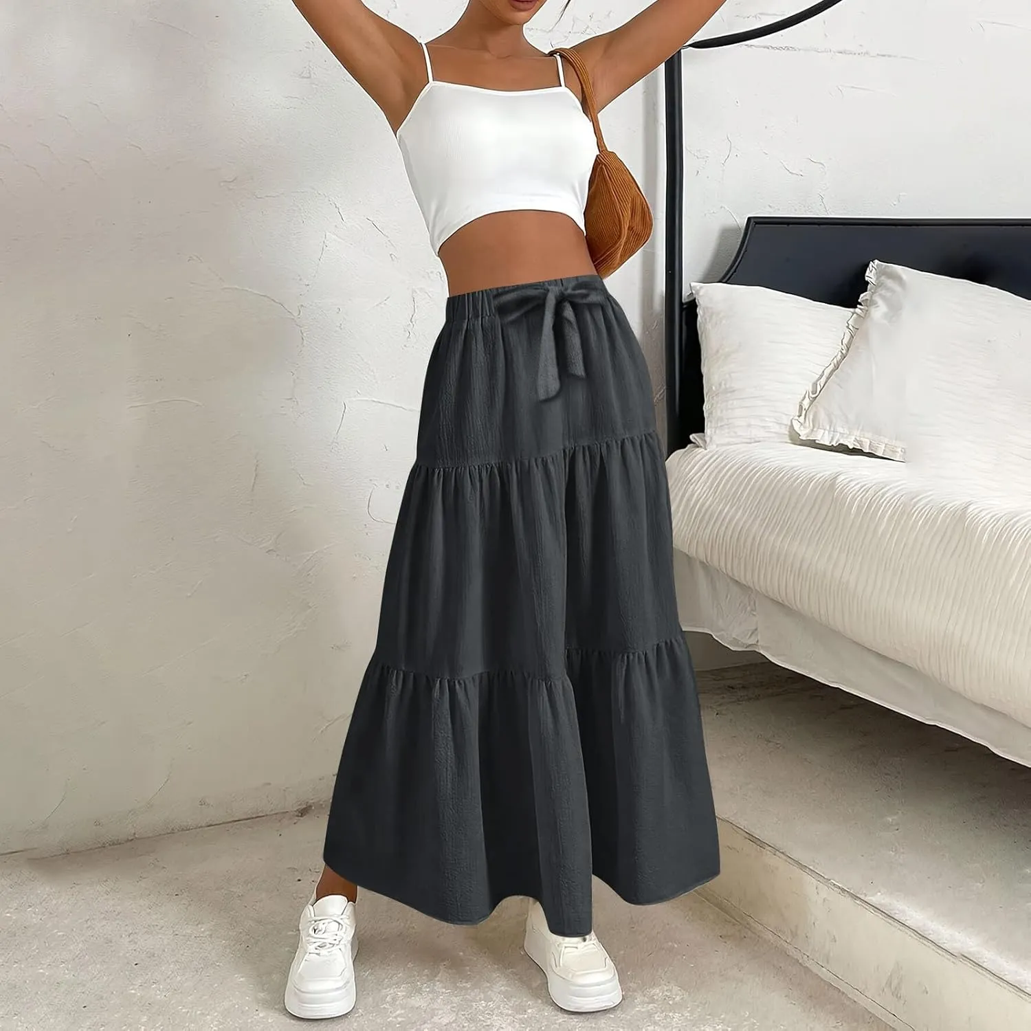 Women's Long Elastic High Waist Retro Pleated A-Line Flared Maxi Skirts