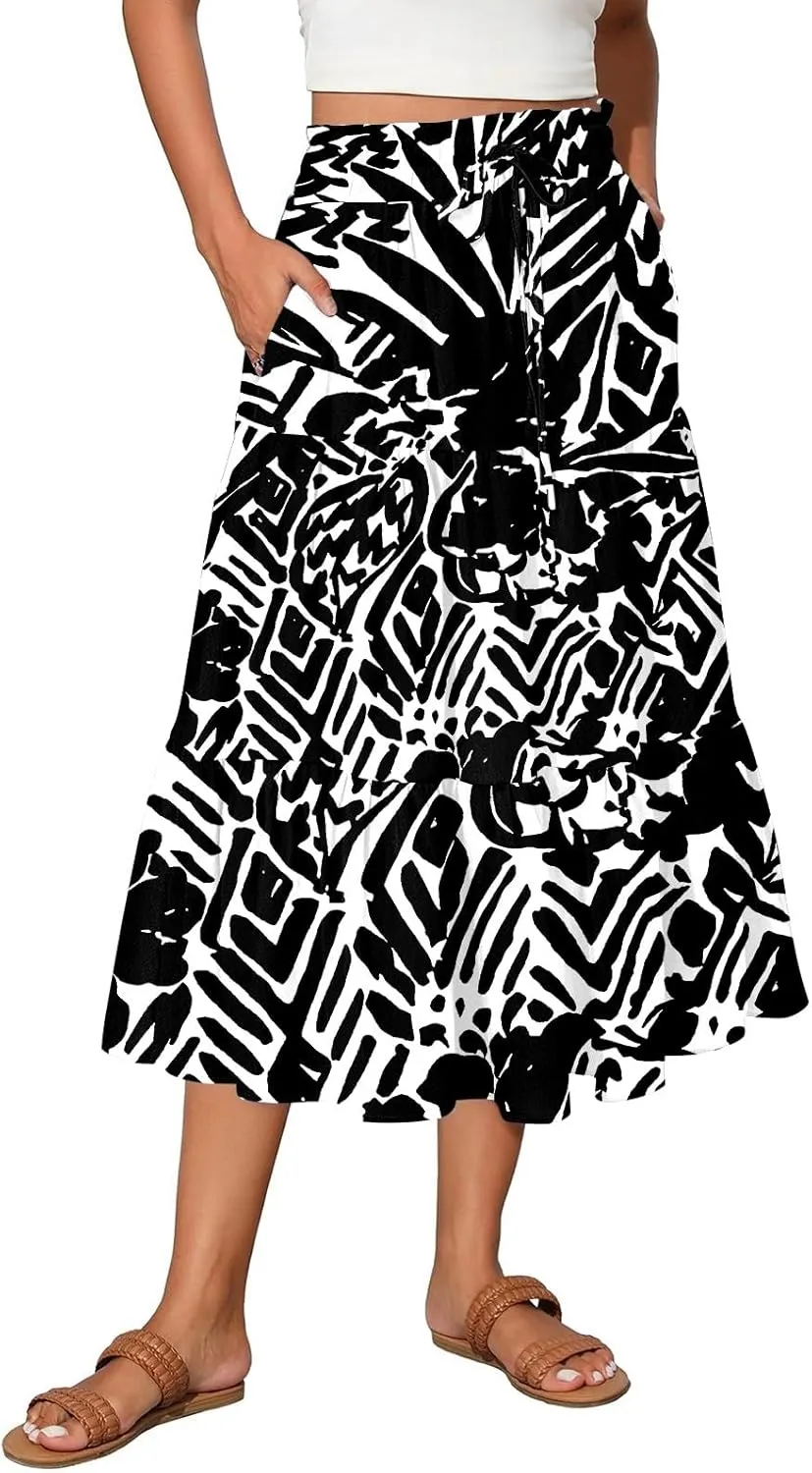 Women's Long Elastic High Waist Retro Pleated A-Line Flared Maxi Skirts