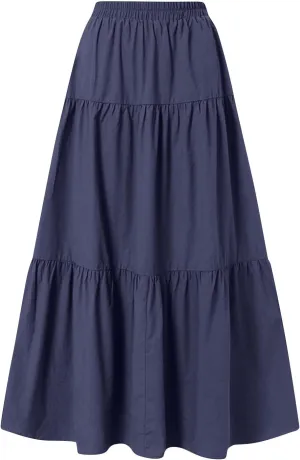 Women's Long Elastic High Waist Retro Pleated A-Line Flared Maxi Skirts