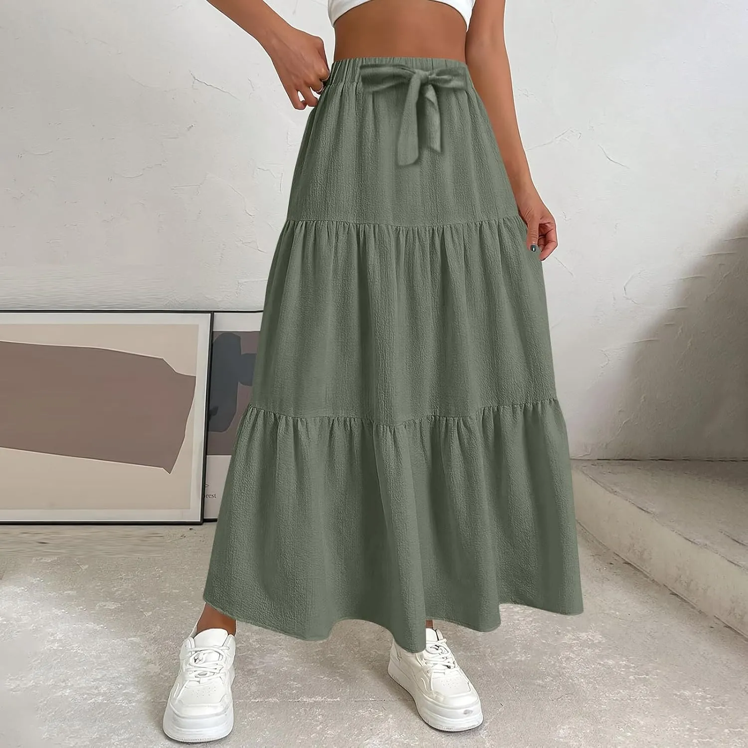 Women's Long Elastic High Waist Retro Pleated A-Line Flared Maxi Skirts