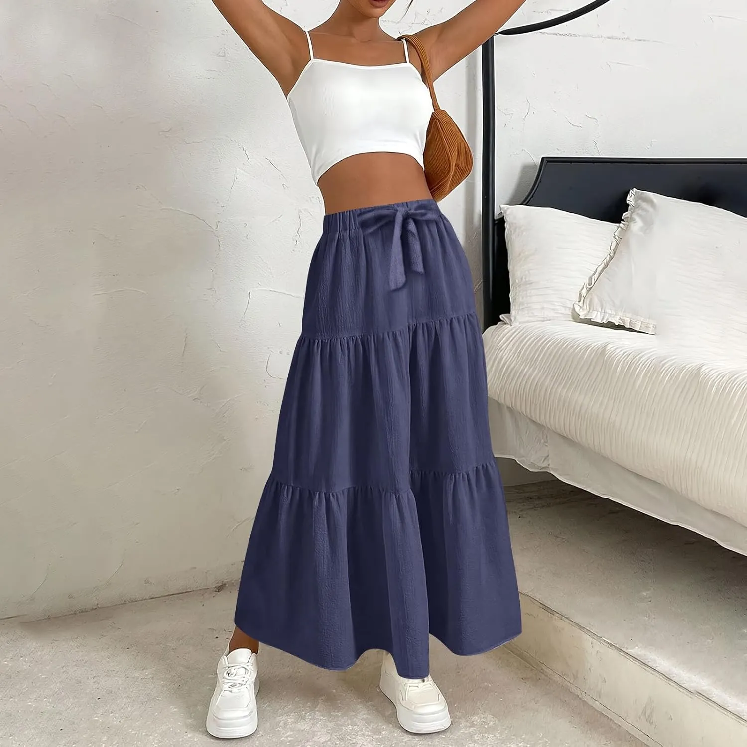 Women's Long Elastic High Waist Retro Pleated A-Line Flared Maxi Skirts
