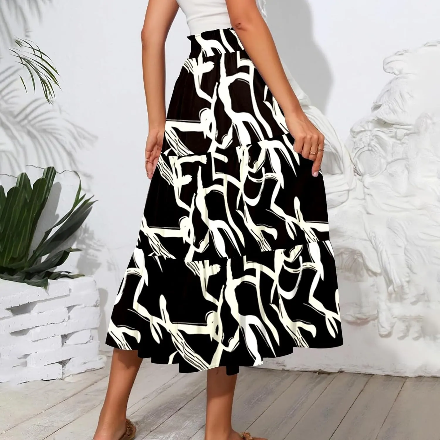 Women's Long Elastic High Waist Retro Pleated A-Line Flared Maxi Skirts