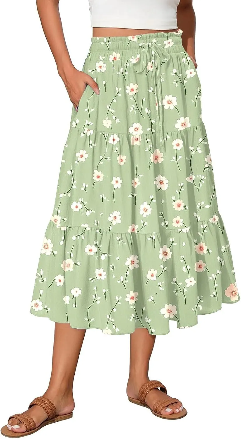 Women's Long Elastic High Waist Retro Pleated A-Line Flared Maxi Skirts