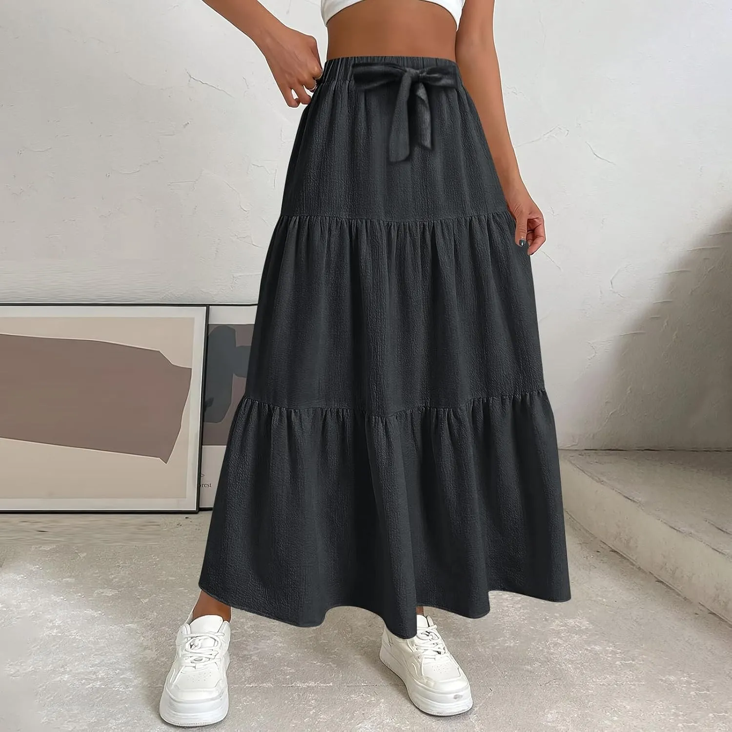Women's Long Elastic High Waist Retro Pleated A-Line Flared Maxi Skirts