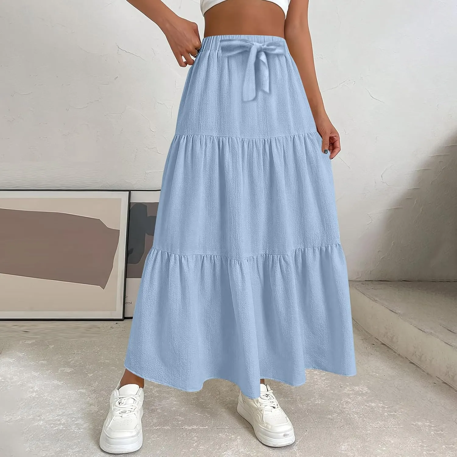 Women's Long Elastic High Waist Retro Pleated A-Line Flared Maxi Skirts