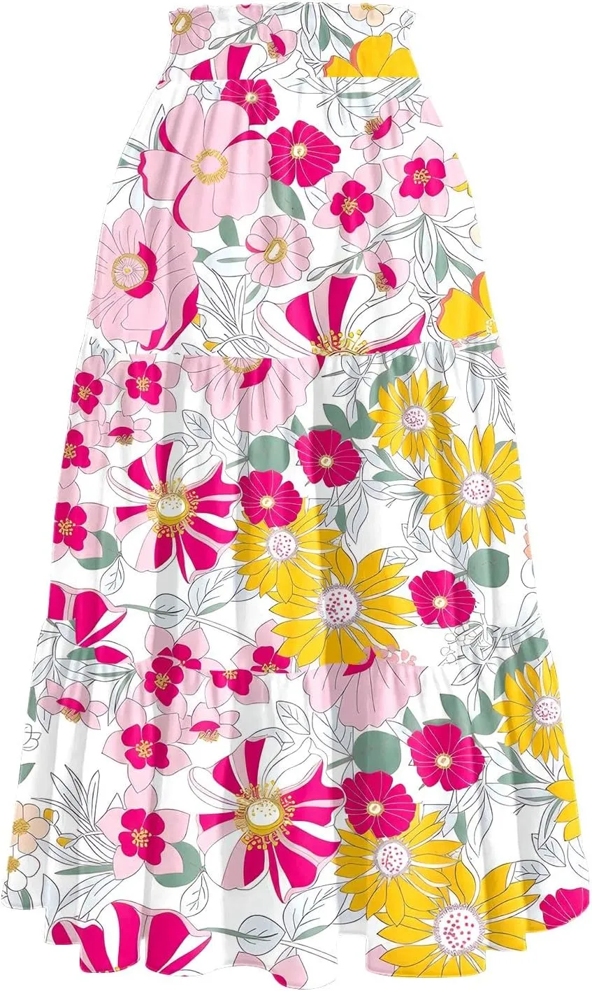 Women's Long Elastic High Waist Retro Pleated A-Line Flared Maxi Skirts