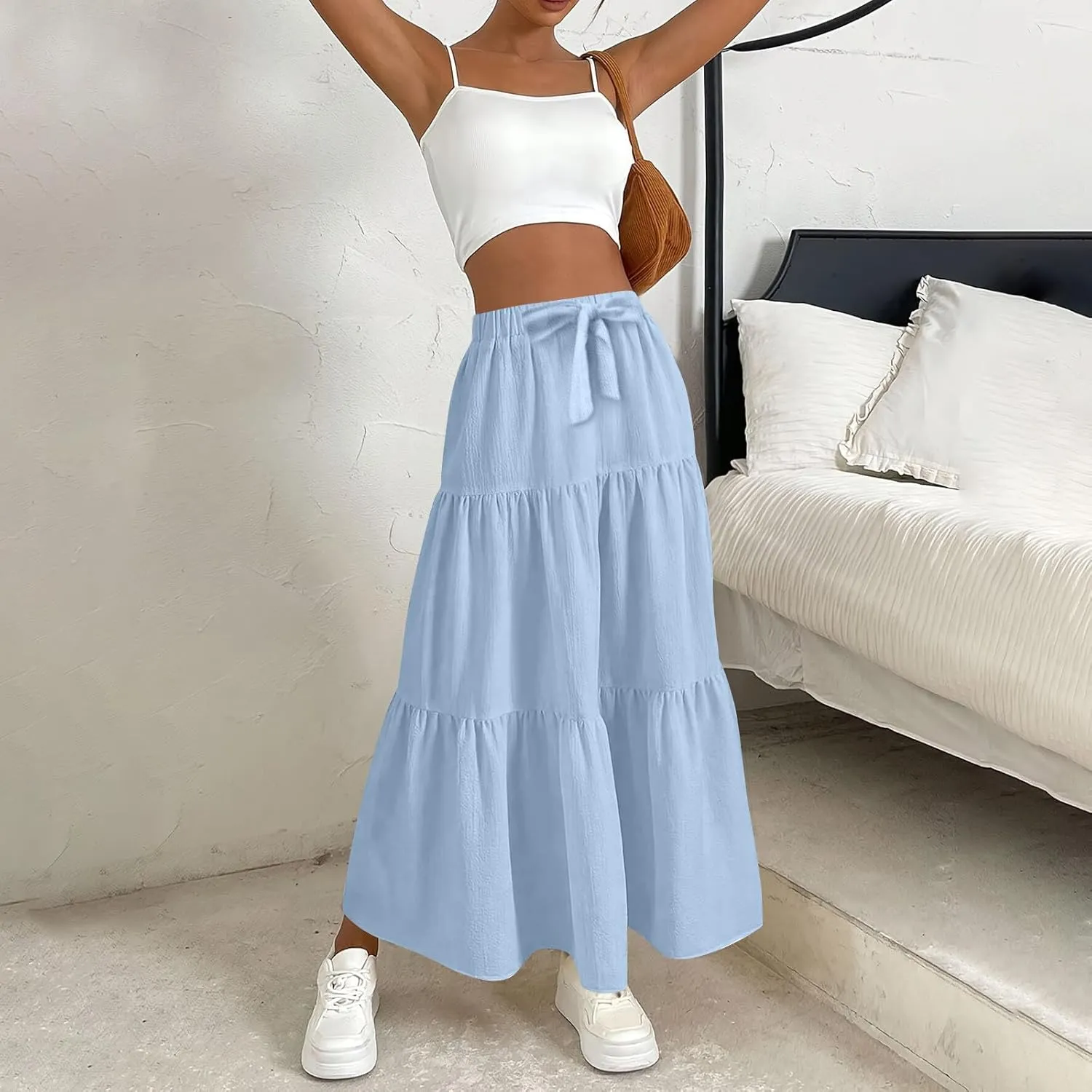 Women's Long Elastic High Waist Retro Pleated A-Line Flared Maxi Skirts