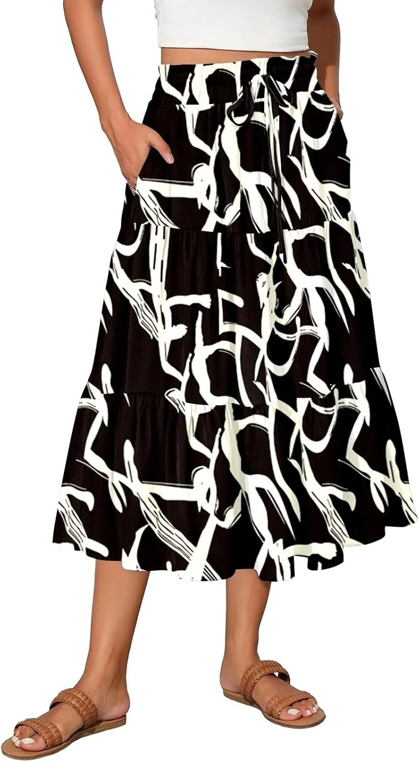 Women's Long Elastic High Waist Retro Pleated A-Line Flared Maxi Skirts
