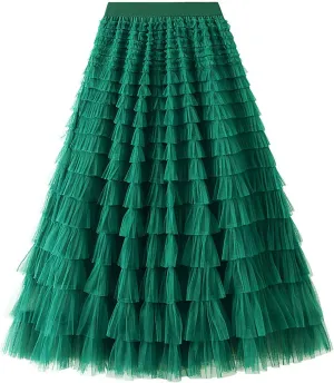 Women's Long Maxi Tulle Skirts A Line Ruffle High Waisted Tiered Layered Mesh Tutu Skirt Petticoat Costumes