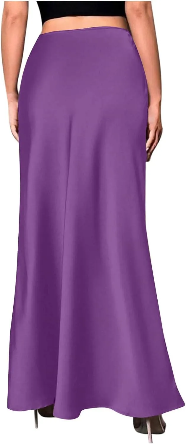 Women's Long Satin Skirt with Zipper High Waisted Flared Casual A Line Maxi Silk Skirts Party Wedding Dress
