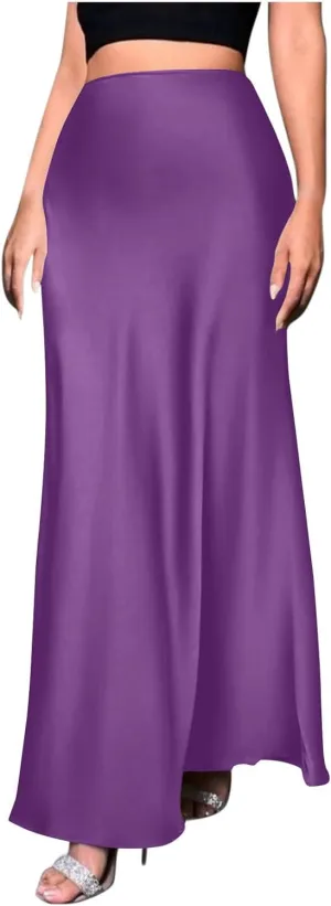 Women's Long Satin Skirt with Zipper High Waisted Flared Casual A Line Maxi Silk Skirts Party Wedding Dress