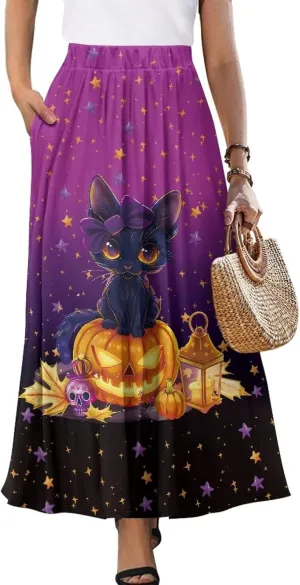 Women's Long Skirt High Waisted Casual Stretch Flowy Swing Skirts with Pockets Floral Skirt for Party Festival