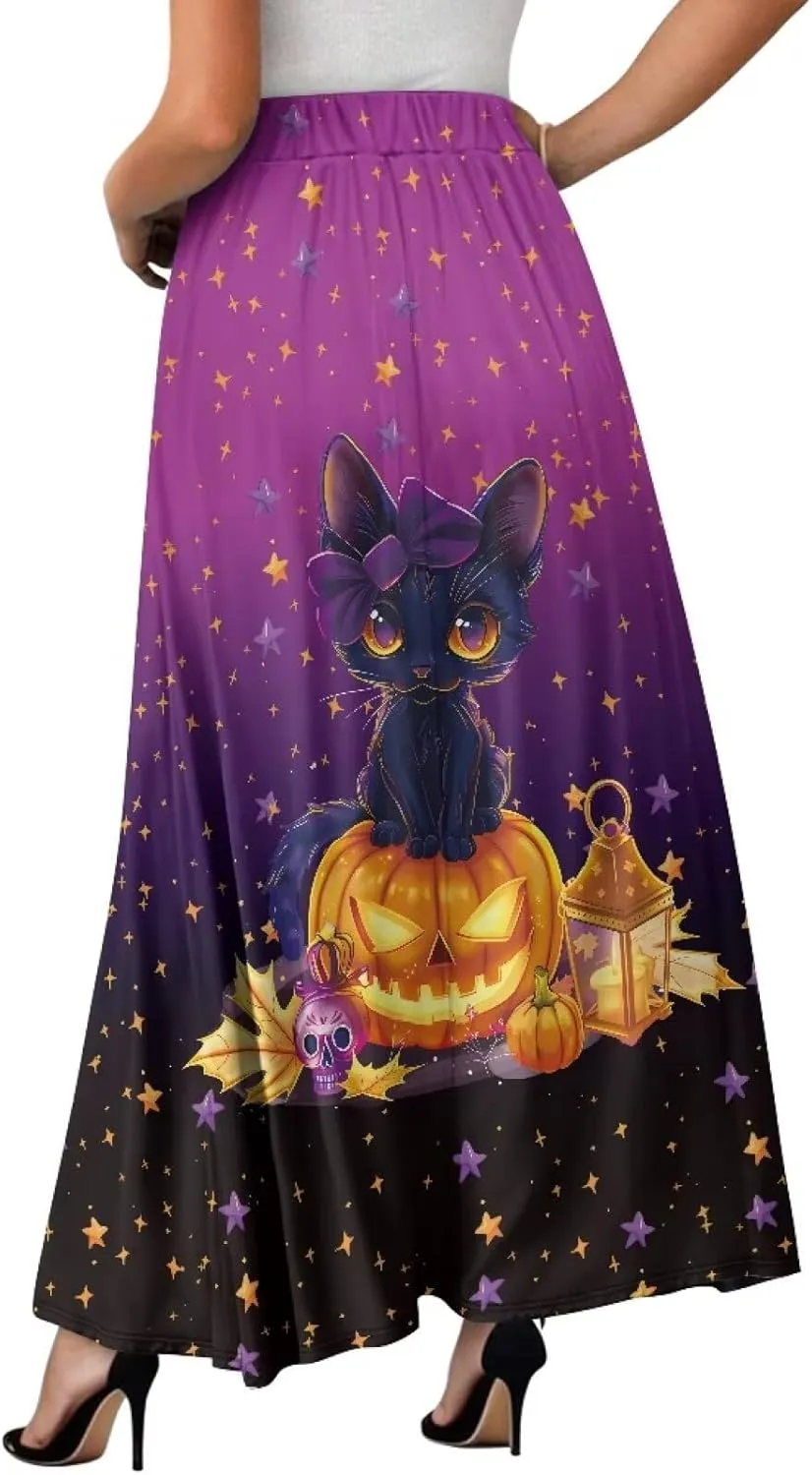 Women's Long Skirt High Waisted Casual Stretch Flowy Swing Skirts with Pockets Floral Skirt for Party Festival