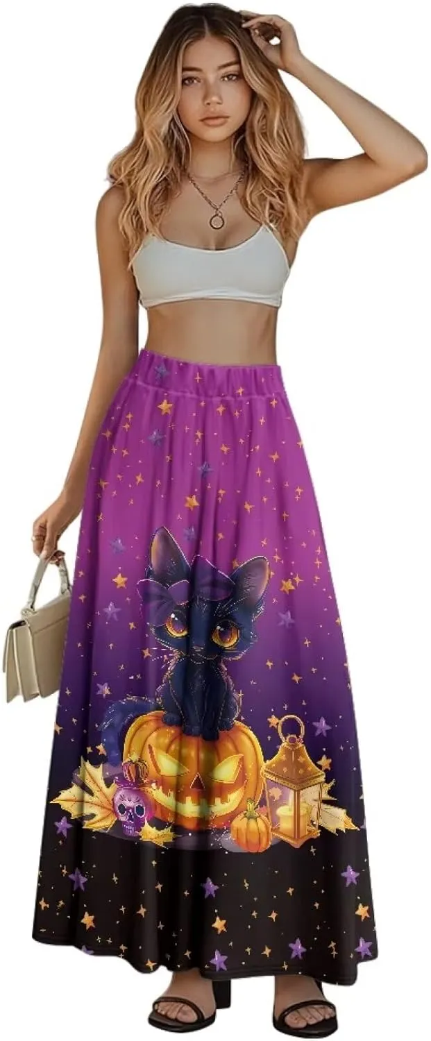 Women's Long Skirt High Waisted Casual Stretch Flowy Swing Skirts with Pockets Floral Skirt for Party Festival