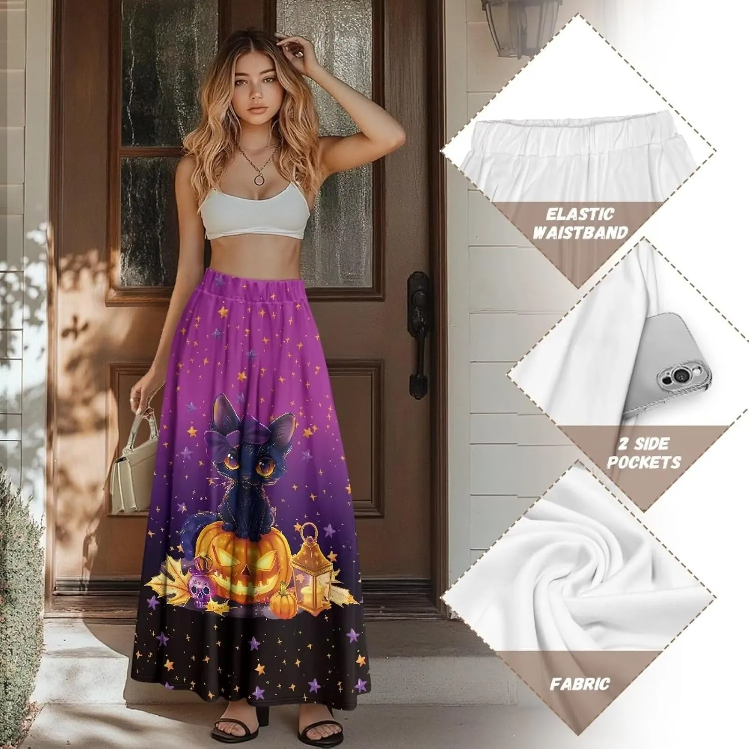 Women's Long Skirt High Waisted Casual Stretch Flowy Swing Skirts with Pockets Floral Skirt for Party Festival
