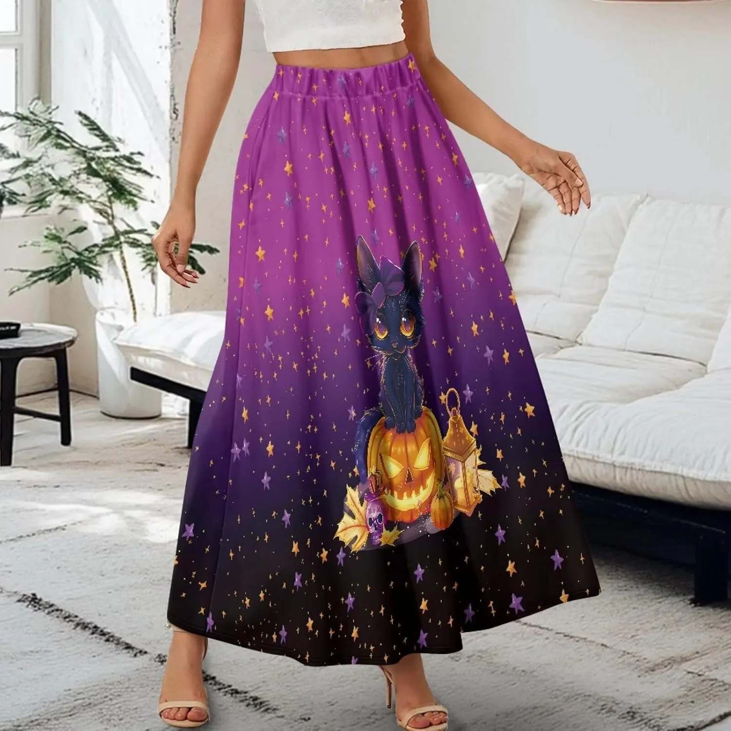 Women's Long Skirt High Waisted Casual Stretch Flowy Swing Skirts with Pockets Floral Skirt for Party Festival