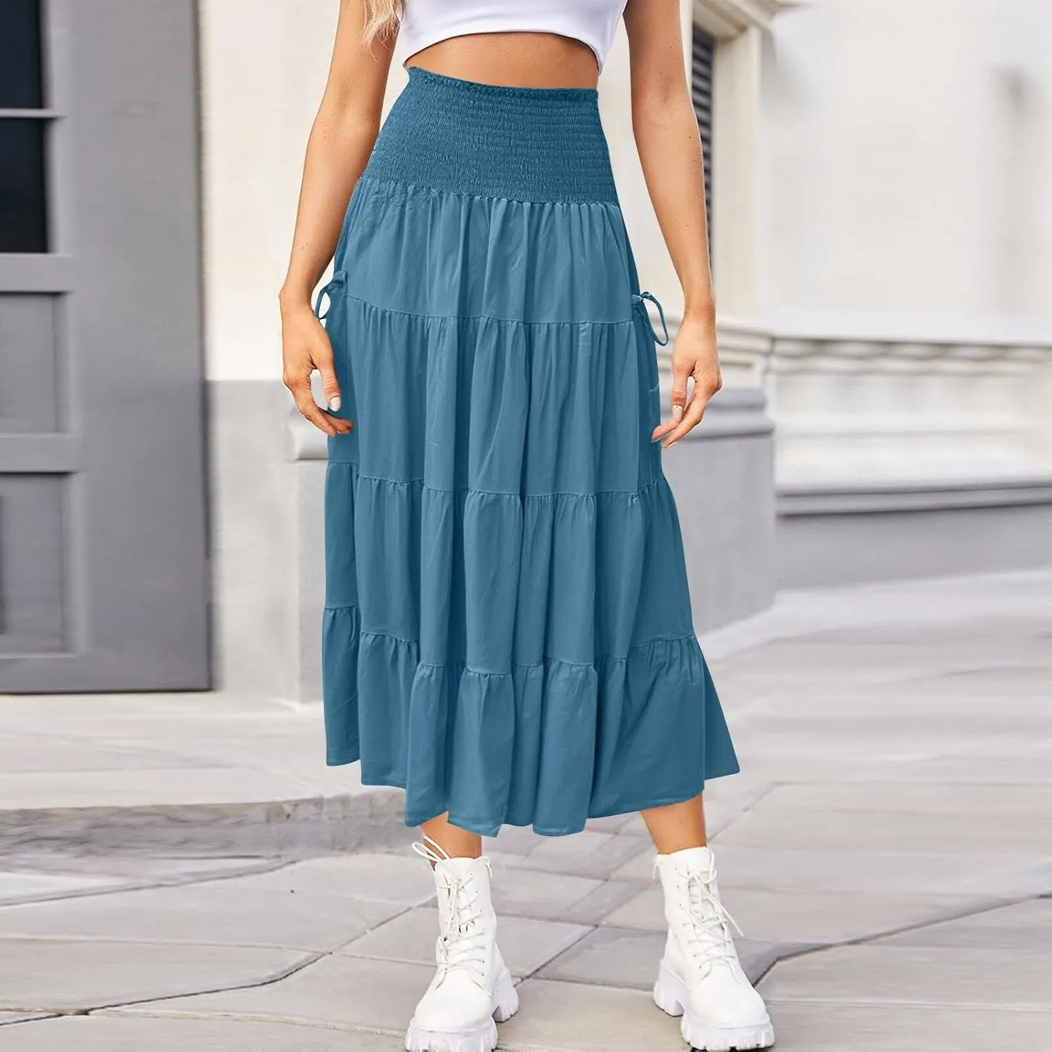 Women's Maxi Boho Skirt Long Pockets Hippie Bohemian Elastic Waist Gypsy Skirt Summer Flowy Pleated Tiered A Line Skirts