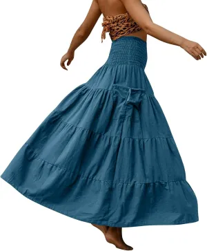 Women's Maxi Boho Skirt Long Pockets Hippie Bohemian Elastic Waist Gypsy Skirt Summer Flowy Pleated Tiered A Line Skirts