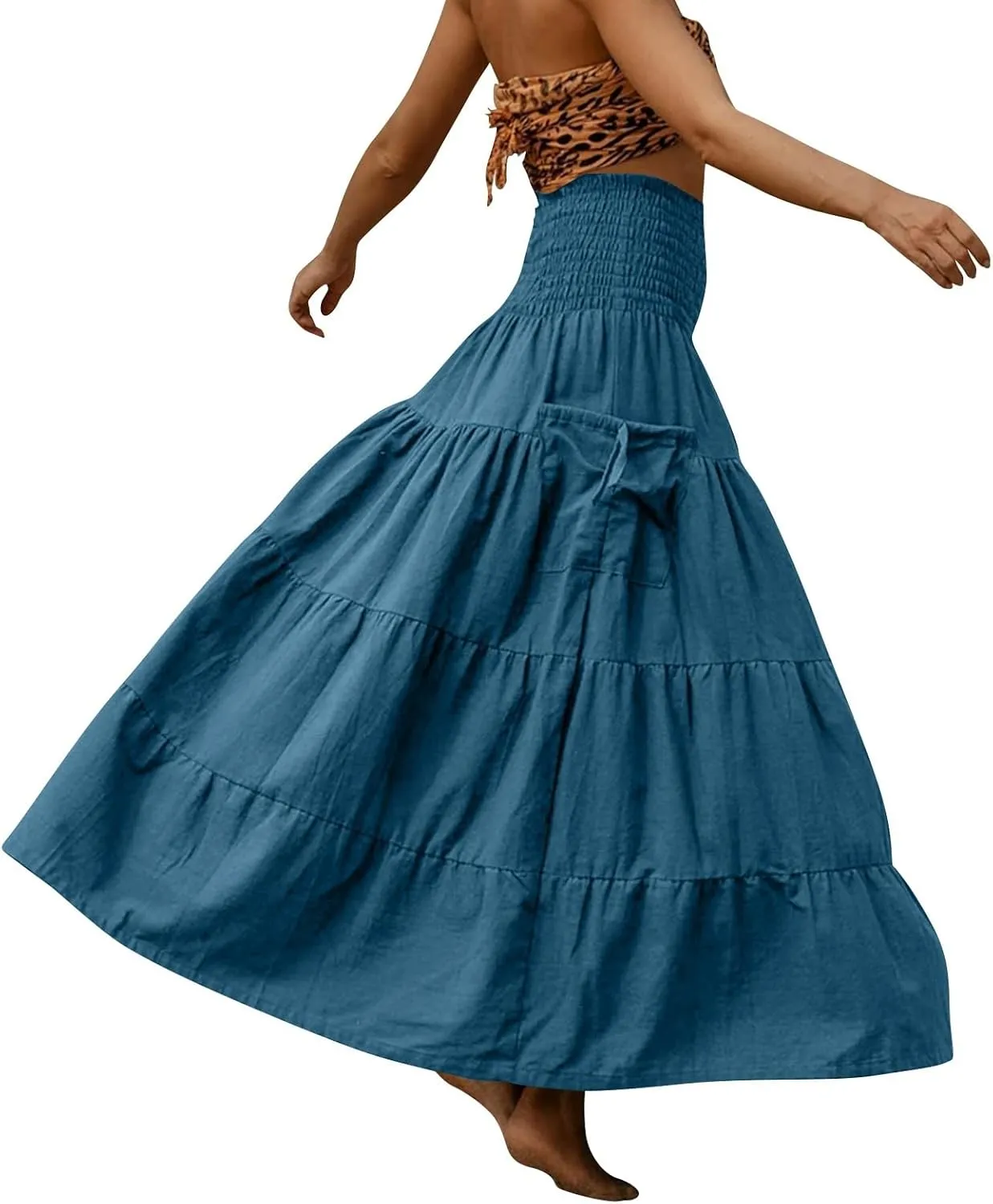 Women's Maxi Boho Skirt Long Pockets Hippie Bohemian Elastic Waist Gypsy Skirt Summer Flowy Pleated Tiered A Line Skirts