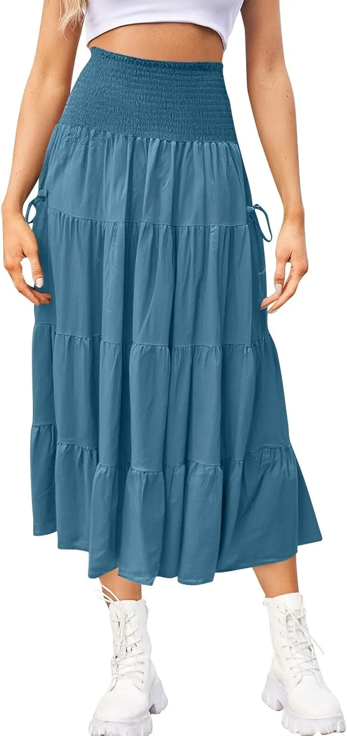 Women's Maxi Boho Skirt Long Pockets Hippie Bohemian Elastic Waist Gypsy Skirt Summer Flowy Pleated Tiered A Line Skirts