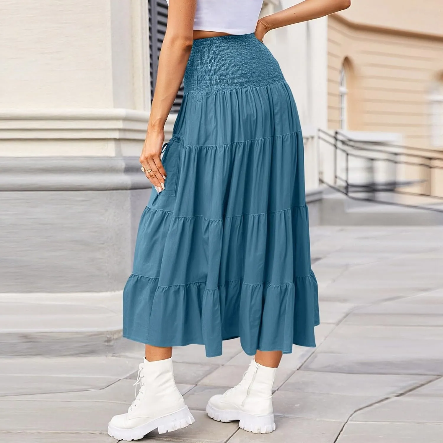Women's Maxi Boho Skirt Long Pockets Hippie Bohemian Elastic Waist Gypsy Skirt Summer Flowy Pleated Tiered A Line Skirts