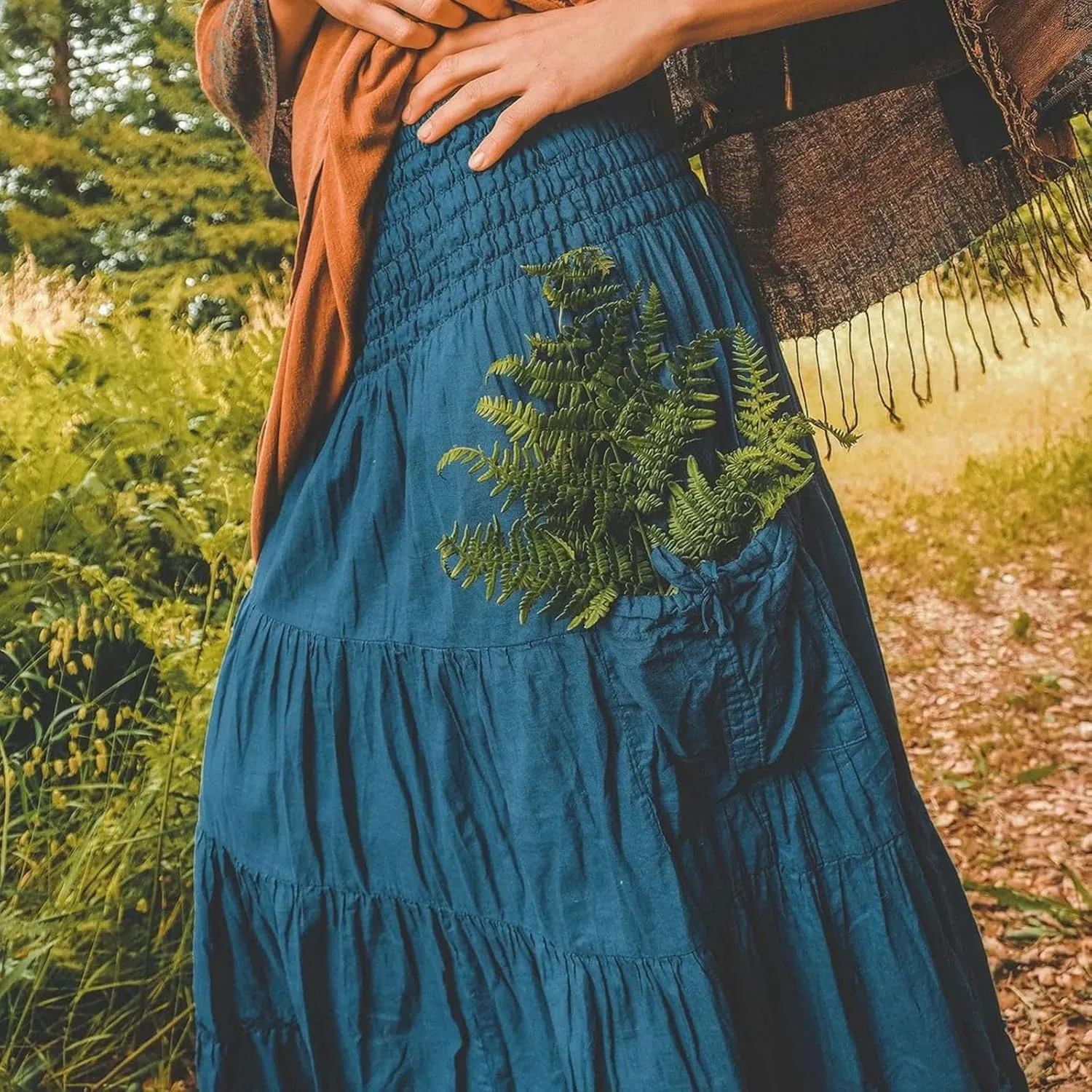 Women's Maxi Boho Skirt Long Pockets Hippie Bohemian Elastic Waist Gypsy Skirt Summer Flowy Pleated Tiered A Line Skirts