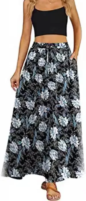 Womens Maxi Floral Skirt Flowy High Waist Elastic Long Skirts Casual Beach Trendy Flowy Skirt with Pockets