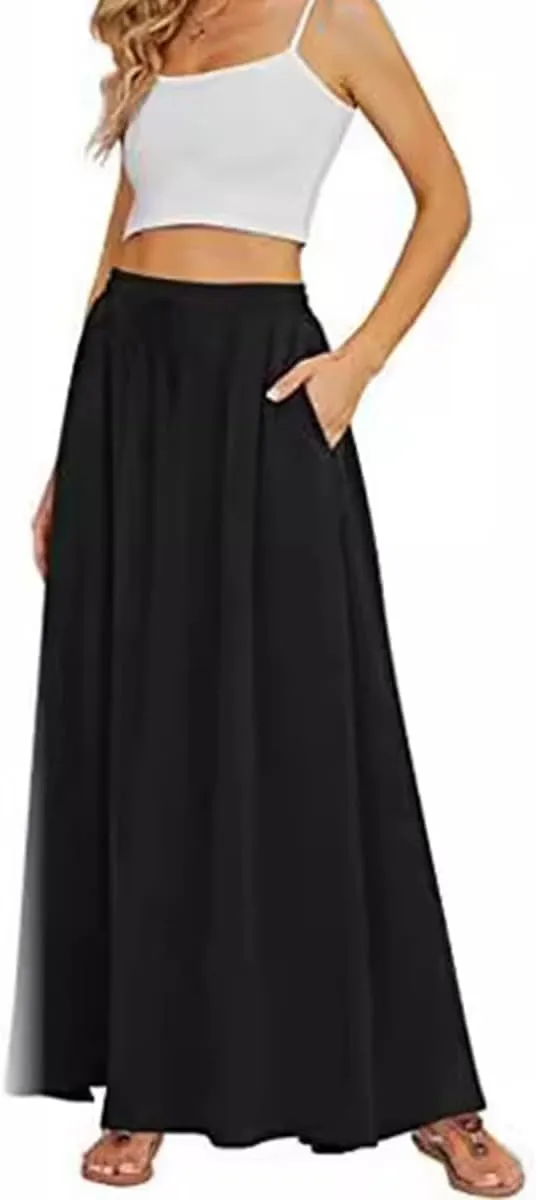 Womens Maxi Floral Skirt Flowy High Waist Elastic Long Skirts Casual Beach Trendy Flowy Skirt with Pockets