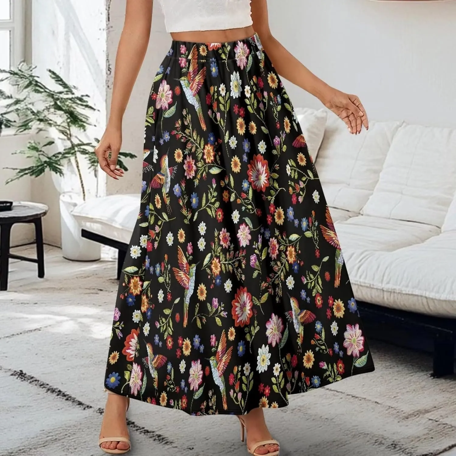 Women's Maxi Skirt High Waisted Stretch Flowy Swing Long Skirts with Pockets Floral Skirt for Casual Festival S-2XL