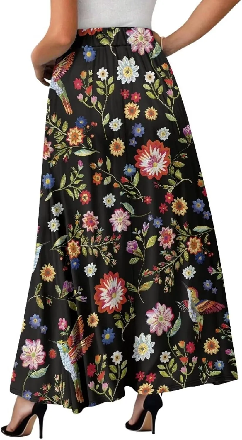 Women's Maxi Skirt High Waisted Stretch Flowy Swing Long Skirts with Pockets Floral Skirt for Casual Festival S-2XL