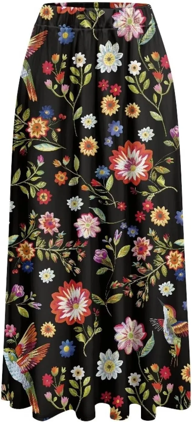 Women's Maxi Skirt High Waisted Stretch Flowy Swing Long Skirts with Pockets Floral Skirt for Casual Festival S-2XL