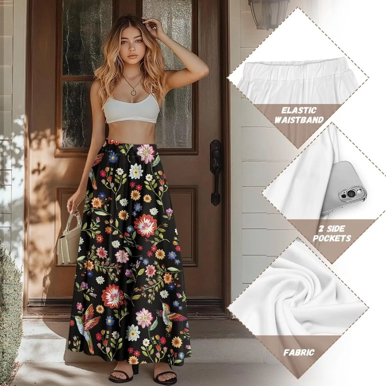 Women's Maxi Skirt High Waisted Stretch Flowy Swing Long Skirts with Pockets Floral Skirt for Casual Festival S-2XL
