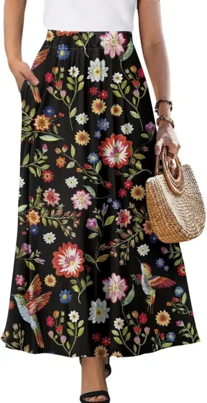 Women's Maxi Skirt High Waisted Stretch Flowy Swing Long Skirts with Pockets Floral Skirt for Casual Festival S-2XL