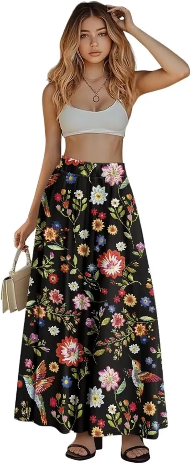 Women's Maxi Skirt High Waisted Stretch Flowy Swing Long Skirts with Pockets Floral Skirt for Casual Festival S-2XL