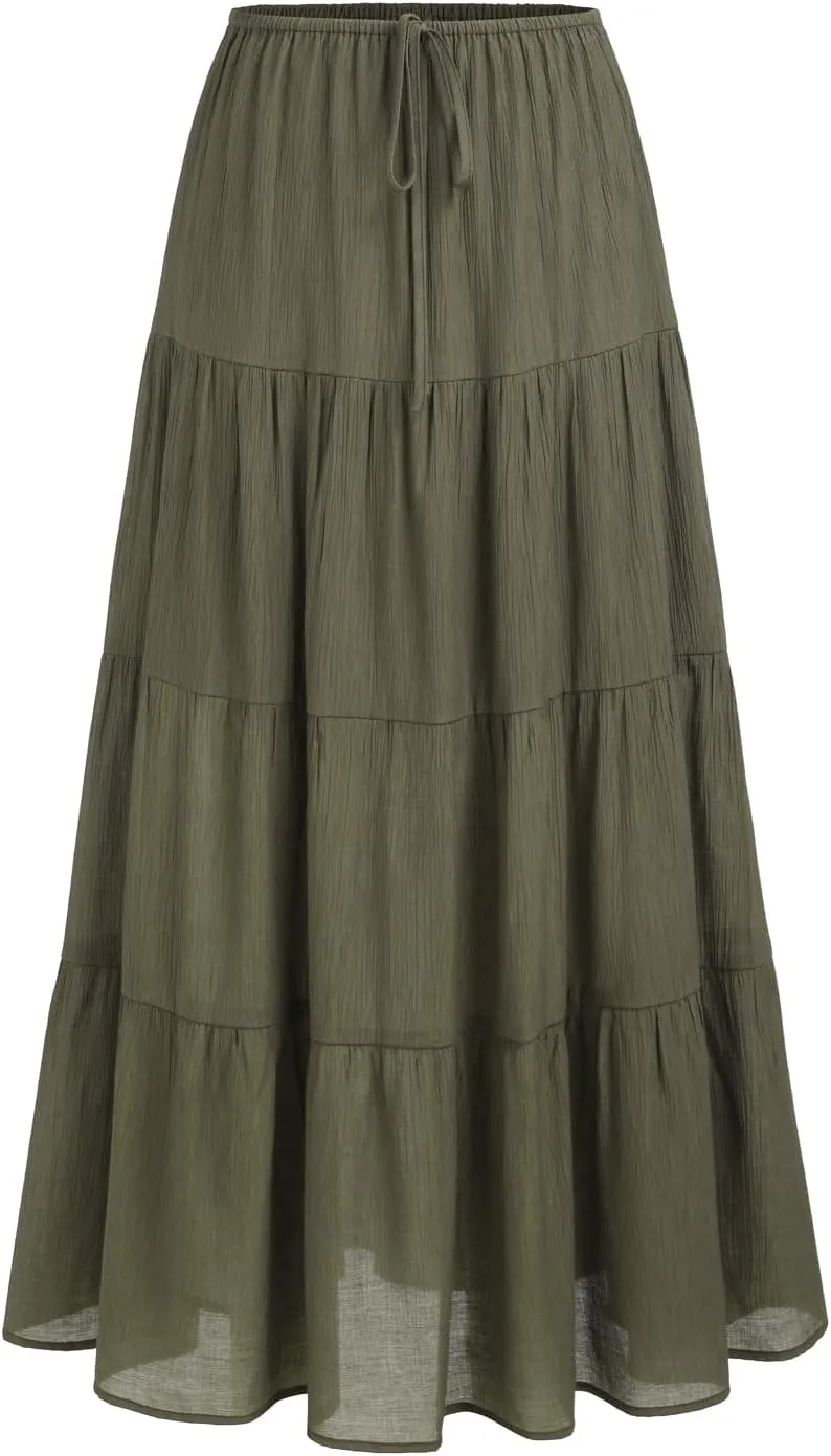 Women's Maxi Skirts Flowy Skirt Elastic High Waist Pleated A-Line Flared Long Skirts