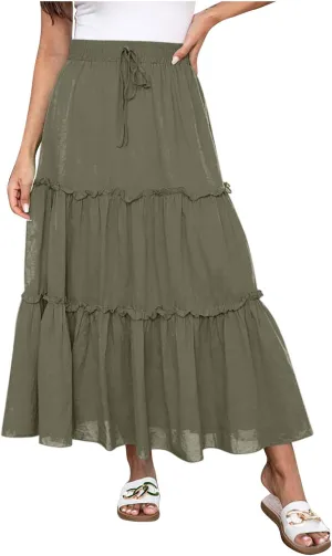 Women's Maxi Skirts Tiered A-Line Pleated Long Skirt Summer Drawstring High Waist Boho Beach Vacation Travel Outfits