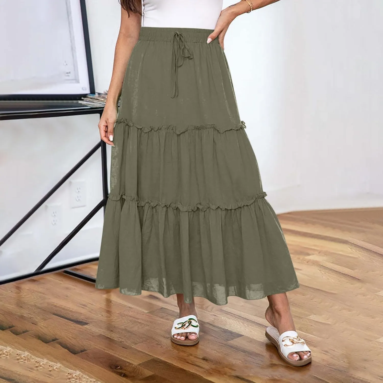 Women's Maxi Skirts Tiered A-Line Pleated Long Skirt Summer Drawstring High Waist Boho Beach Vacation Travel Outfits