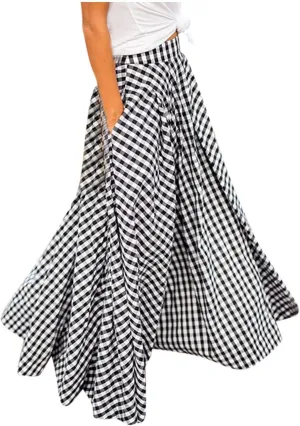 Women's Plaid Print Skirt with Large Hem and High Waist Pocket Skirt Lace Skirt (Black, S)