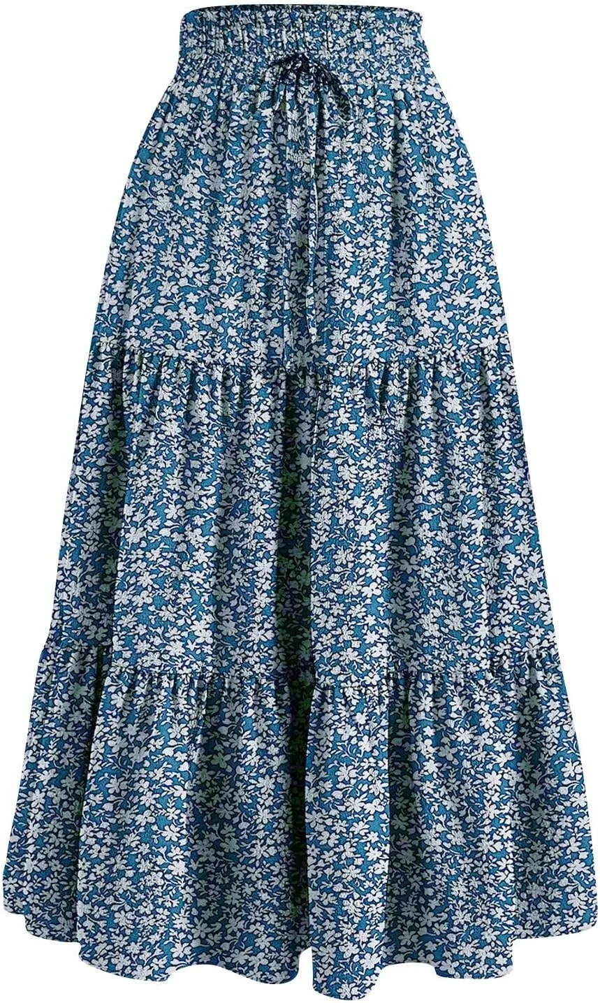 Women's Pleated Skirts Summer Casual Loose Trendy Elastic Waist Floral Print Bohemian Sun A-Line Maxi Skirt, S-XL