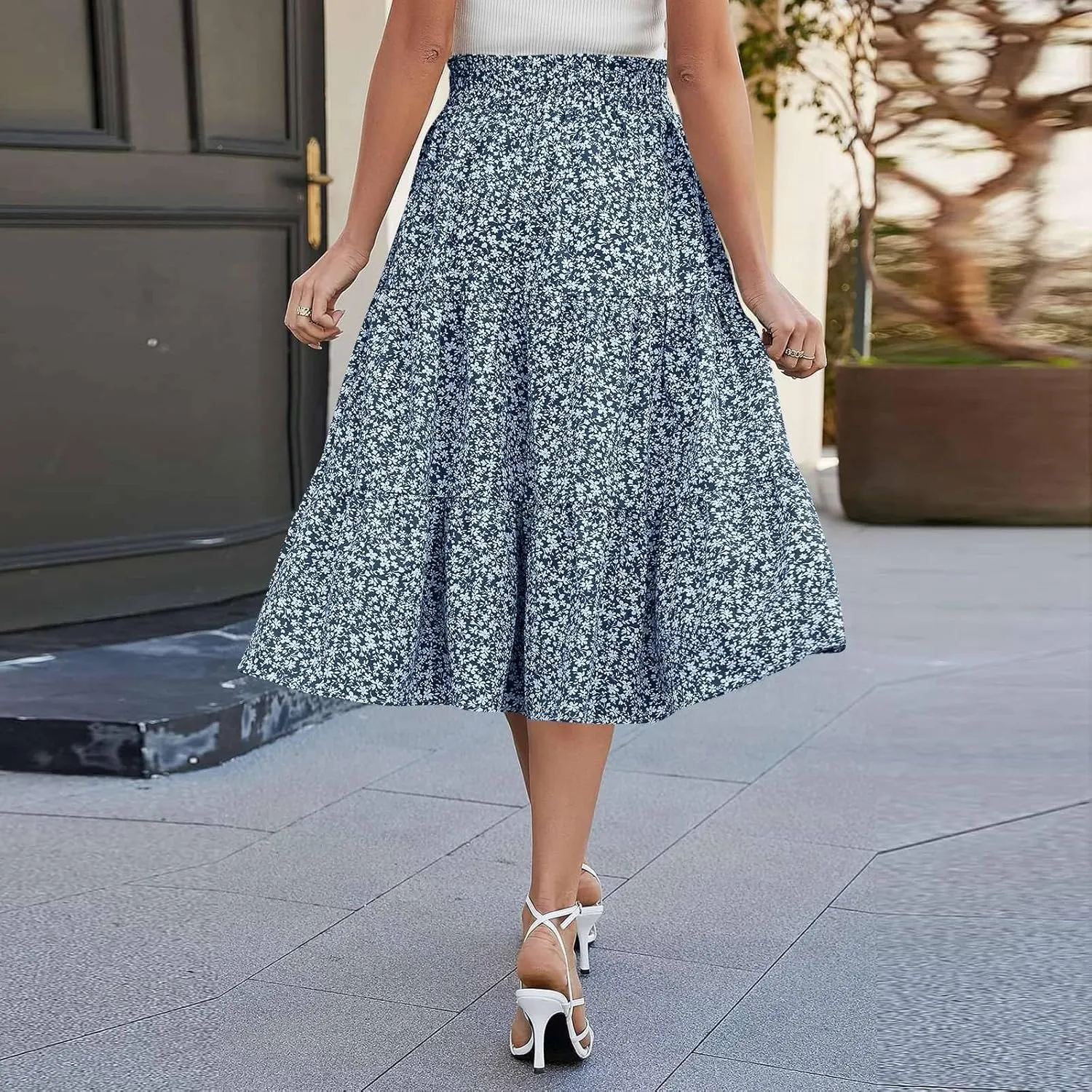 Women's Pleated Skirts Summer Casual Loose Trendy Elastic Waist Floral Print Bohemian Sun A-Line Maxi Skirt, S-XL