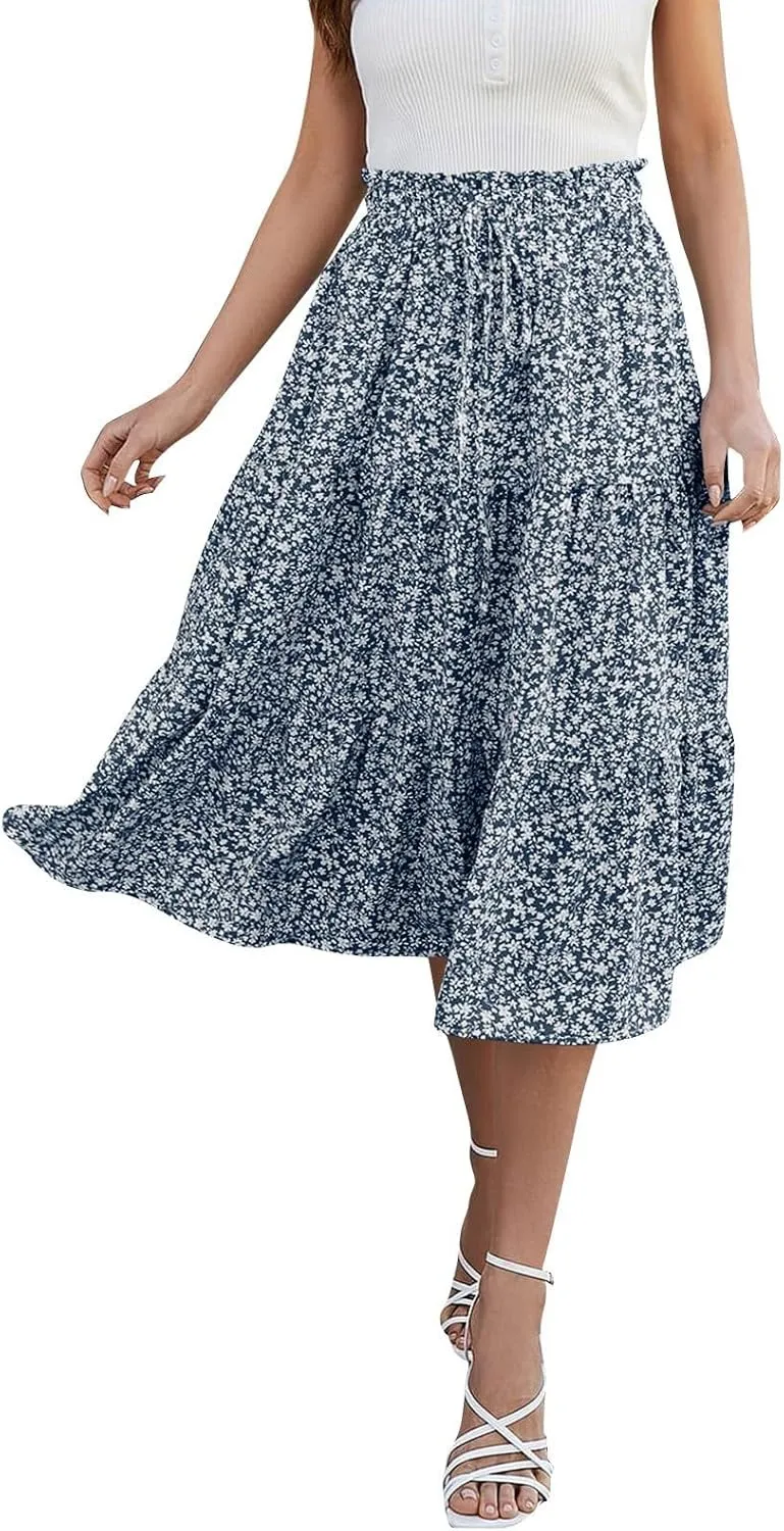 Women's Pleated Skirts Summer Casual Loose Trendy Elastic Waist Floral Print Bohemian Sun A-Line Maxi Skirt, S-XL