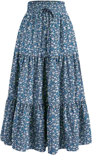Women's Pleated Skirts Summer Casual Loose Trendy Elastic Waist Floral Print Bohemian Sun A-Line Maxi Skirt, S-XL