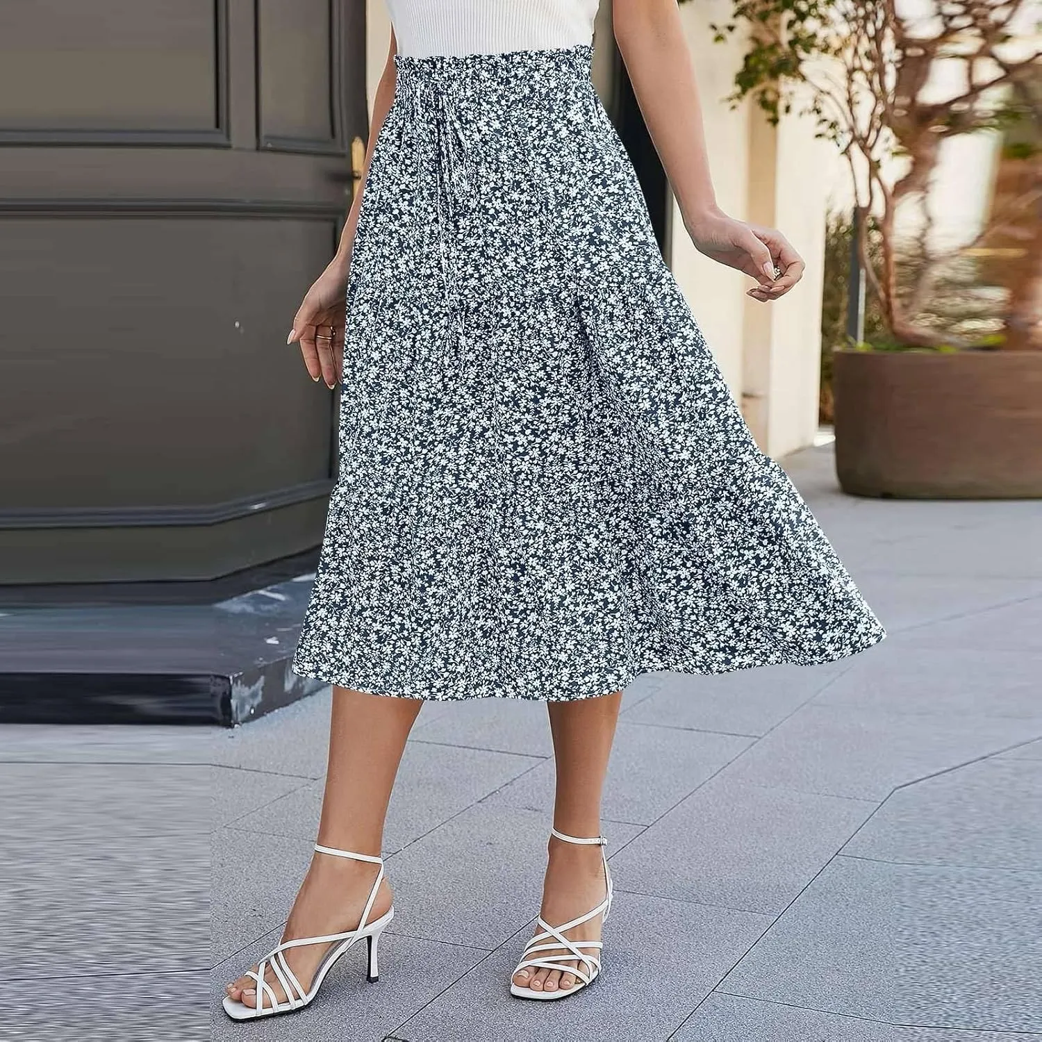 Women's Pleated Skirts Summer Casual Loose Trendy Elastic Waist Floral Print Bohemian Sun A-Line Maxi Skirt, S-XL