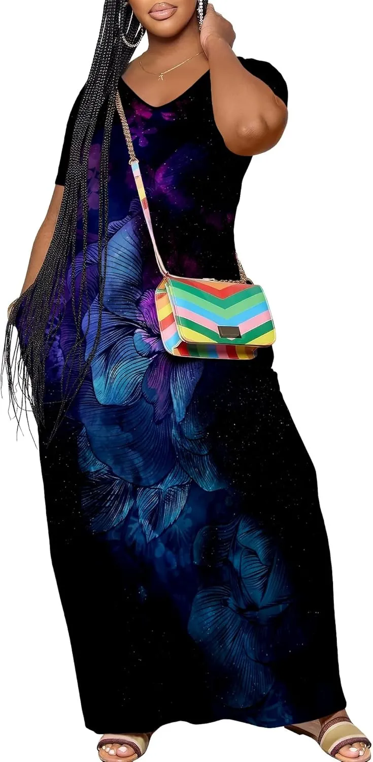Women's Plus Size Summer Dresses Print Maxi Dresses Flowy Sundresses Plus Size A-Line Skirts for Curvy Women