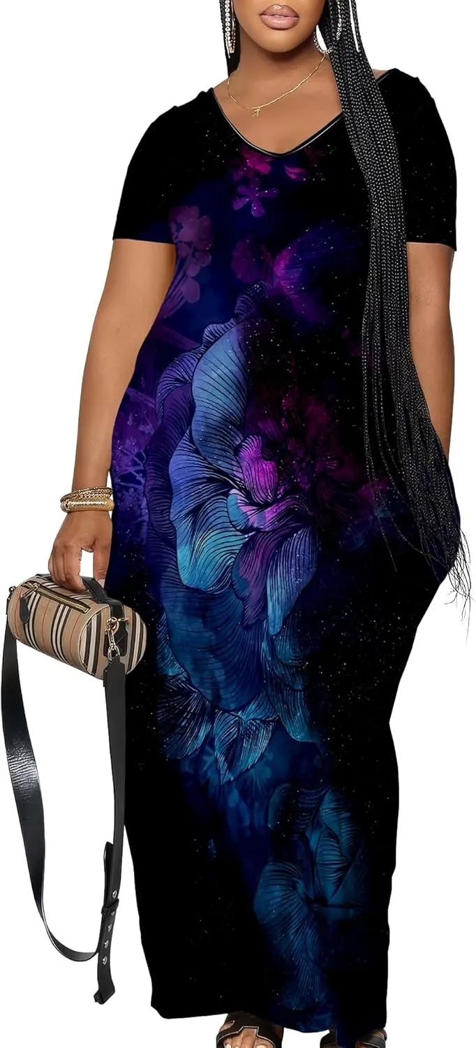 Women's Plus Size Summer Dresses Print Maxi Dresses Flowy Sundresses Plus Size A-Line Skirts for Curvy Women