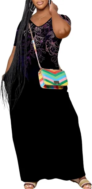 Women's Plus Size Summer Dresses Print Maxi Dresses Flowy Sundresses Plus Size A-Line Skirts for Curvy Women