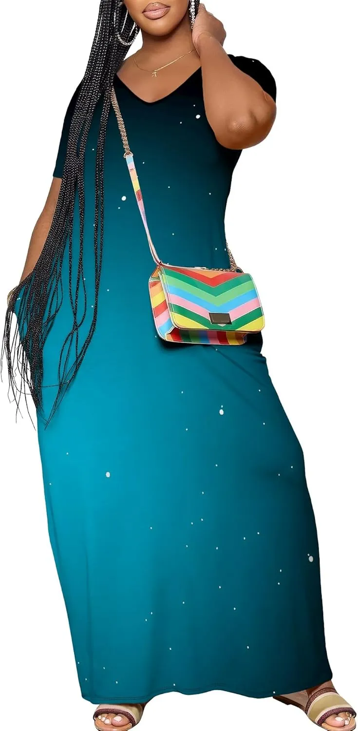 Women's Plus Size Summer Dresses Print Maxi Dresses Flowy Sundresses Plus Size A-Line Skirts for Curvy Women