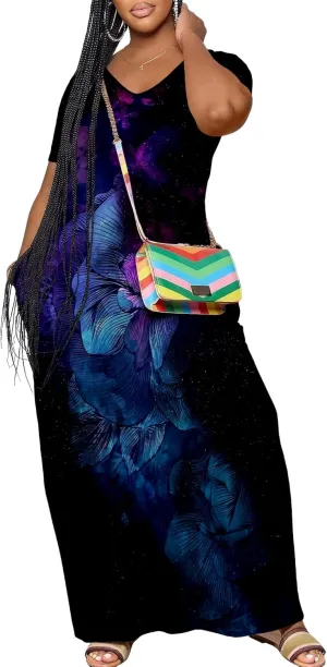 Women's Plus Size Summer Dresses Print Maxi Dresses Flowy Sundresses Plus Size A-Line Skirts for Curvy Women
